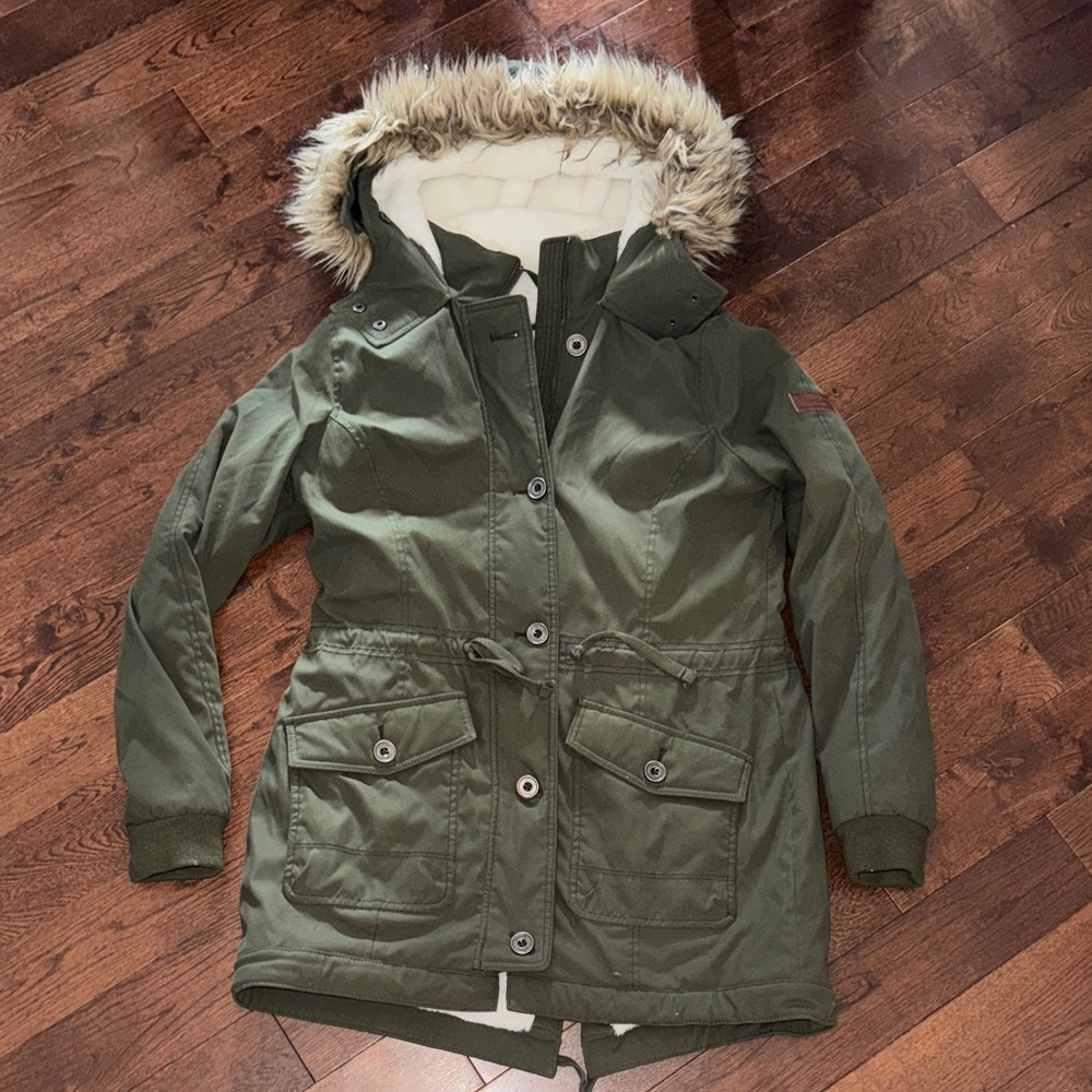 Hollister Olive Utility Jacket with Faux Fur Hood